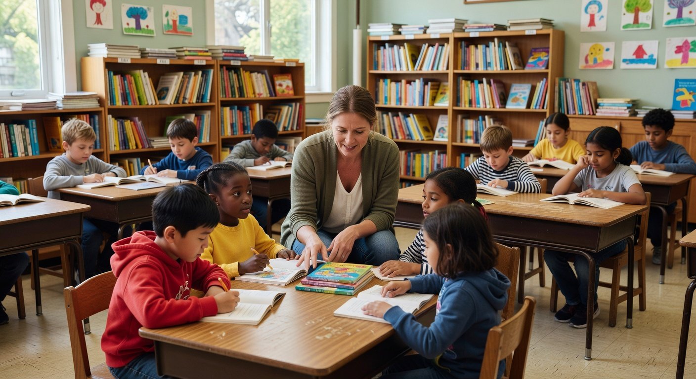 Teacher leading guided reading instruction with small group of elementary students at Green Lake Elementary