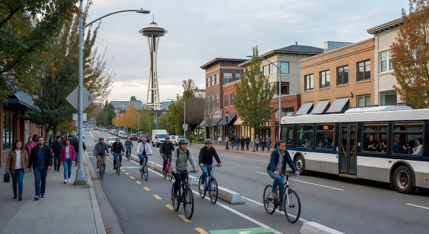 North Seattle street with bike lanes, bus transit, and pedestrian activity