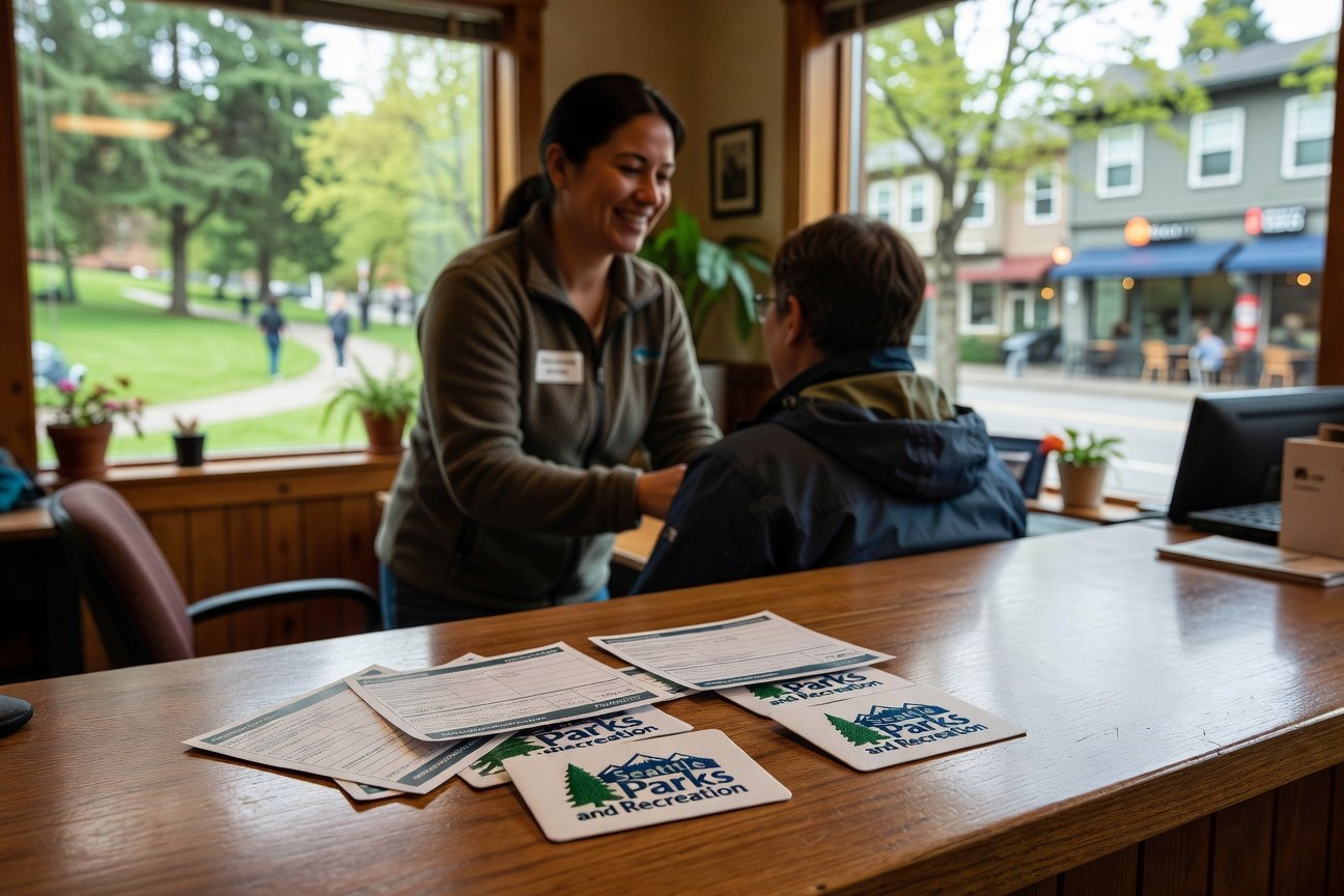 Phinney Ridge Community Center membership cards and registration materials on desk at welcoming front desk