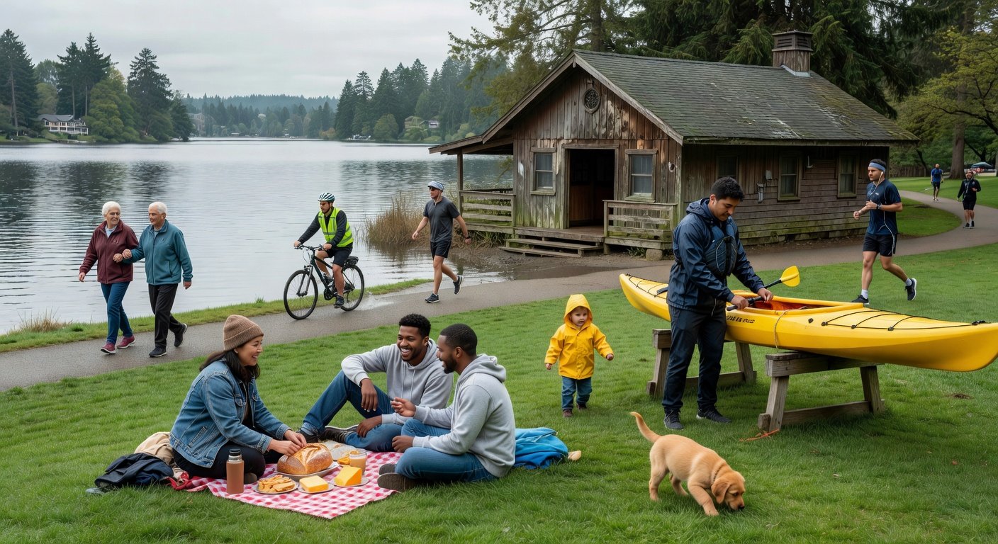 Green Lake Boathouse Seattle with trail and picnic activities