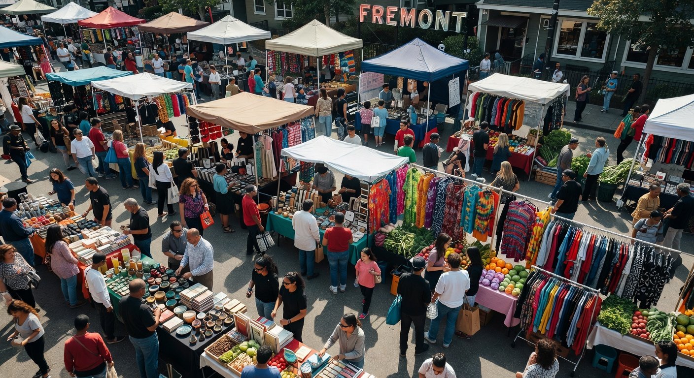 Aerial view of Fremont Sunday Market showing vendor booths, crowds of shoppers, and the iconic neon FREMONT sign in Seattle's Fremont neighborhood