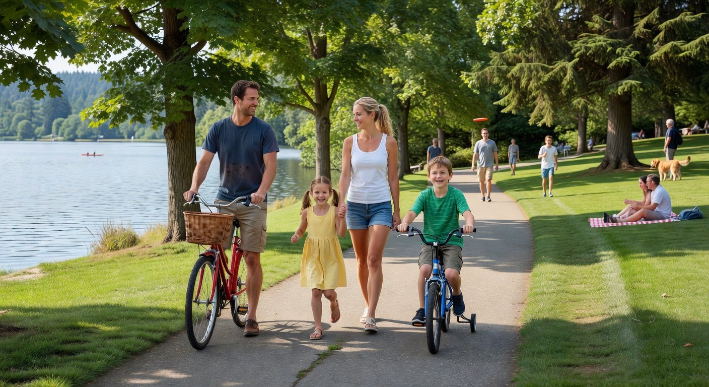 Families enjoying outdoor recreation on the Green Lake Park loop path