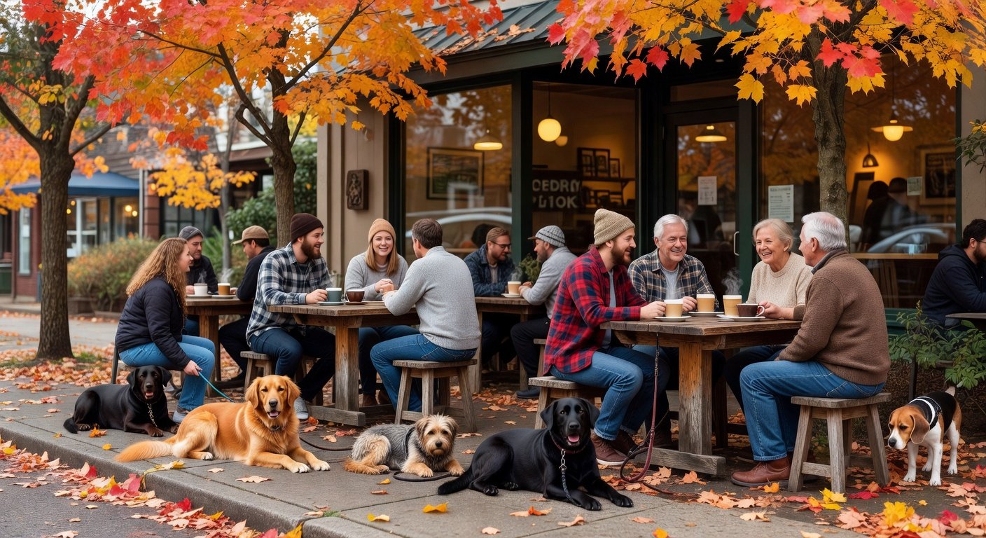 Pet owners and their dogs enjoying outdoor seating at pet-friendly cafe in North Seattle neighborhood