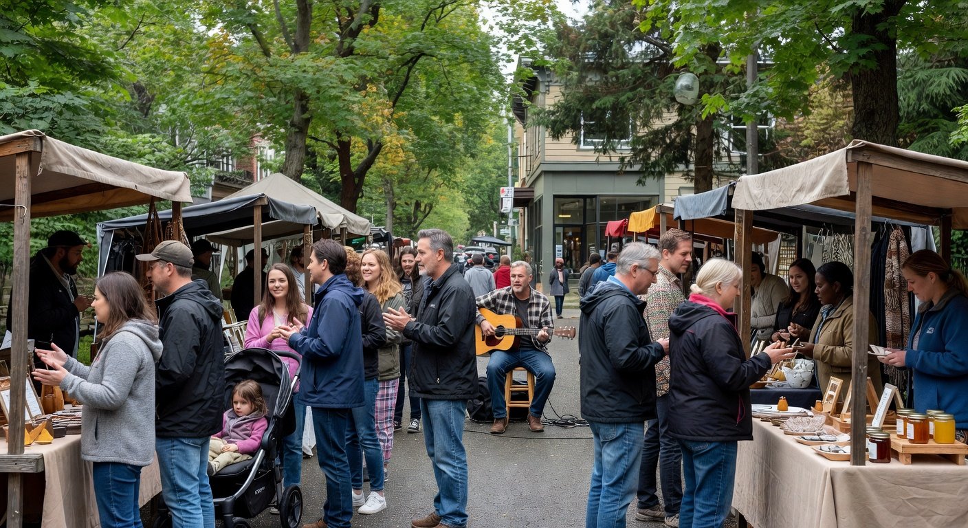 Community street festival in Green Lake Village Seattle with local vendors and residents