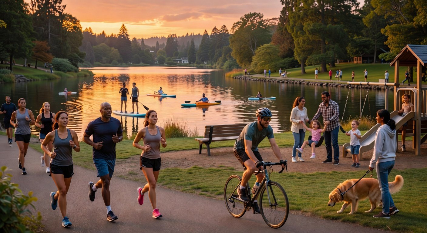 Green Lake Park recreational activities including running, paddleboarding, cycling, and family activities