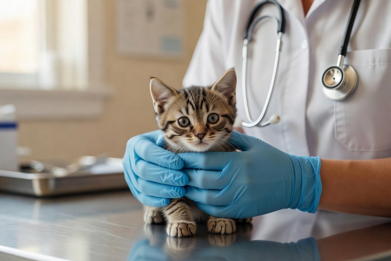 Veterinary technician performing gentle examination on tabby kitten at animal hospital