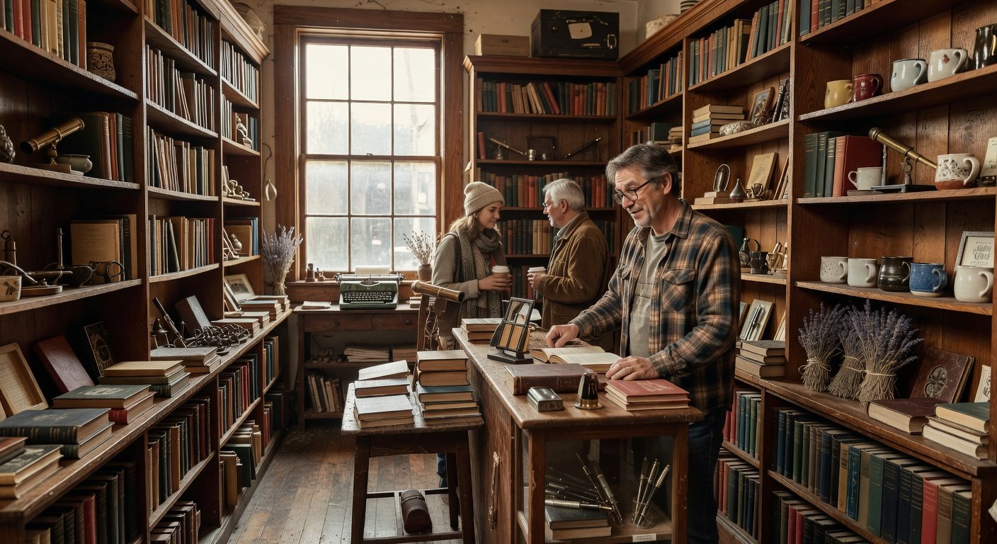 Interior of an independent vintage shop or bookstore in Fremont Seattle neighborhood, showing curated merchandise and warm retail atmosphere