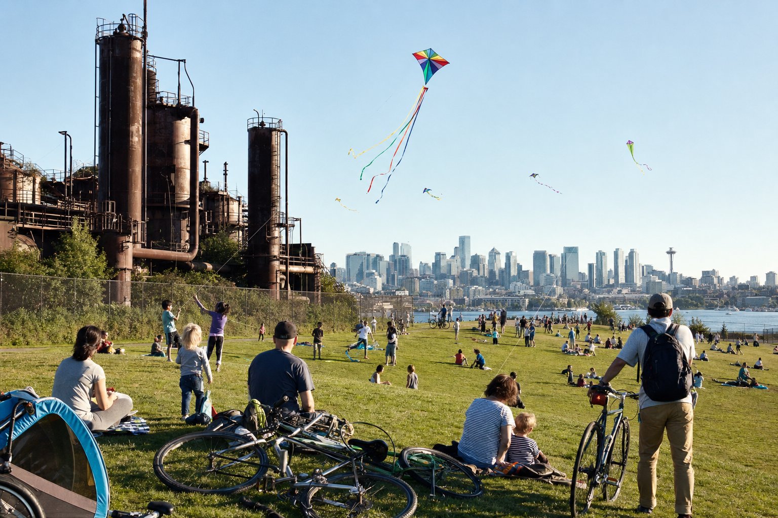 Gas Works Park view from Burke Gilman Trail with Seattle skyline