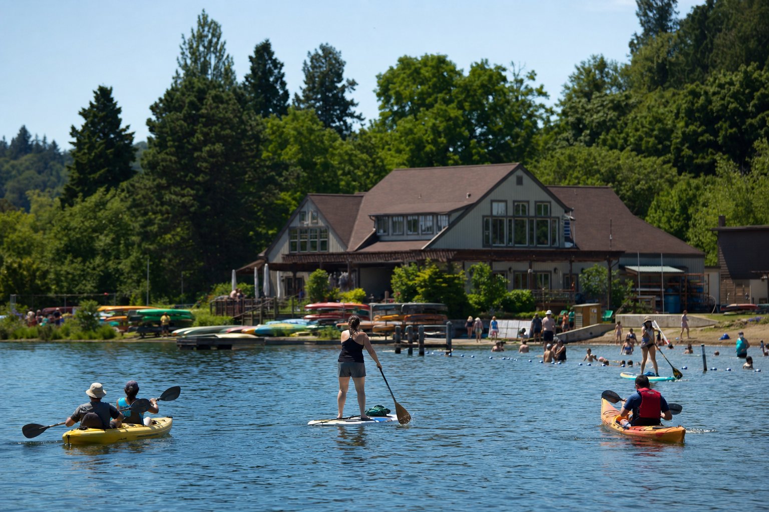 Water activities at Green Lake Park including paddleboarding and kayaking